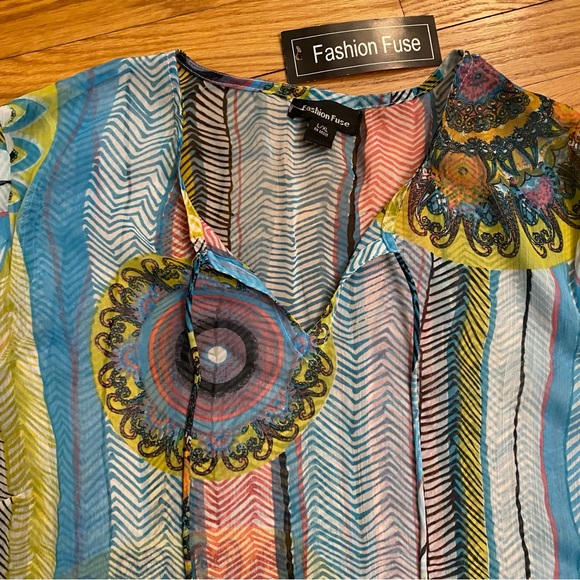 Boho Printed chiffon Cover Up Fashion Fuse L/XL NWT turquoise blueTunic top - Picture 4 of 7